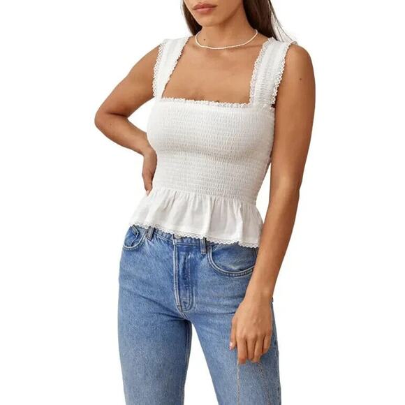 Reformation NWT Women's Oakleigh Smocked Ruffle Sleeveless Top White Size M - Picture 1 of 6